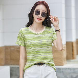 เสื้อยืดคอกลมผู้หญิงแขนสั้นลำลองเสื้อลายขวาง72% ผ้าฝ้าย