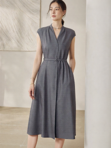 Roey s house | Elegant V-neck Sleeveless Grey Stylish Workplace Belts Waist-cinching Dress