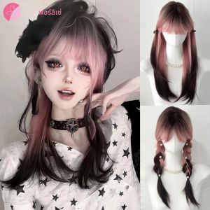 FORLISEE Ombre สีดําสีชมพูวิกผมสังเคราะห์สําหรับคอสเพลย์ยาวตรง Layered Wigs กับ Bangs สําหรับผู้หญิงทนความร้อนผมปลอม