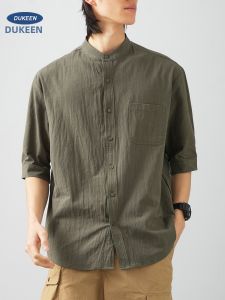 DUKEEN | Mandarin Collar Cotton Shirt 3/4 Sleeves