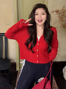 เสื้อคาร์ดิแกนถักสีแดงบางสำหรับผู้หญิงไซส์ใหญ่ แขนยาว ทรงหลวม ลำลอง ฤดูใบไม้ร่วง แฟชั่นเกาหลี ทรงหลวม ทรงหลวม