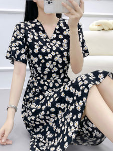 Elegant V-neck Cotton Silk Dress Floral Print Daisy Waist-cinching Summer New Style Womens Outerwear Midi Skirt by Yixunmu