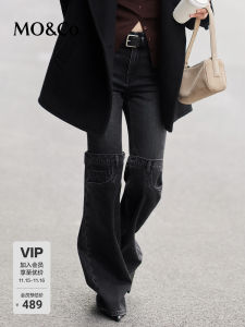 MoCo Rockabilly Washed Bell Bottom Jeans High Waist Patchwork Design Cotton Polyester Blend Standard Fit Ladies Jeans