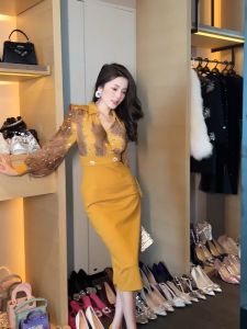 ZYHT EraVogue Đầm Váy nữ váy màu vàng váy dài tay váy lưới váy xã hội cao váy cổ điển váy sự kiện váy dự tiệc váy Pháp 30753