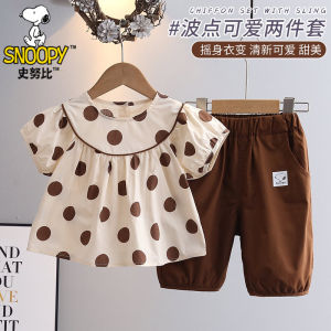 Snoopy Girls Summer Short Sleeve Polka Dot Two Piece Set Cute Fashionable Little Girl Outfit Cotton Fresh Style round Neck