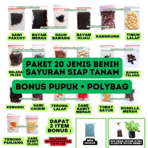 PAKET KOMPLIT 20 Macam Benih Sayuran Unggul BONUS PUPUK POLYBAG Siap TANAM Hidroponik Souvenir