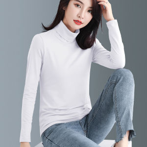 Womens Long Sleeve Cotton T-Shirt Slim Fit Pure Cotton Elastic Small Stand Collar Autumn Fashionable Base Layer Top