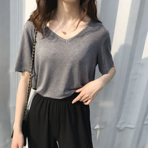 Special Offer/7 Colors Cold Style Minimalist Pure Color Modal Loose Slim Looking Short Sleeve V Neck T-shirt Summer Thin Top Women