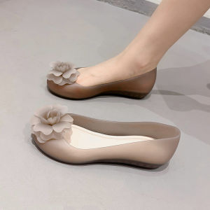 Casual Tea Flower Summer Rain Boots Women Flat Bottom Slip-On Jelly Shoes Anti-Slip Soft Bottom Beach Sandals PVC Material
