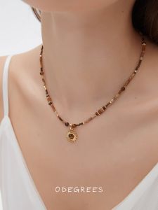 Tiger Eye Stone Natural Crystal Beaded Necklace for Women Titanium Steel Pendant Vintage Style Fashion Jewelry Accessory