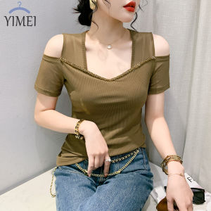 YIMEI Hở Vai Gợi Cảm Hạt Đính Móng Tay Mỏng 2023 Mới Mùa Hè Nữ Làm Bằng Tay Cho Nữ Hàng Đầu Áo Phông Tay Ngắn Áo Lưới