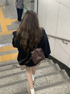 Café Brown Small Capacity Dual Shoulder Womens Backpack 2025 New Style Commute Design Versatile Nylon Material Bucket Shape