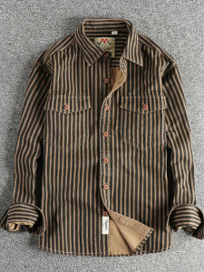 Washed Denim Long Sleeve Shirt Mens Loose Fit Fashionable Workwear Striped Outerwear Artistic Style Polyester Cotton Blend