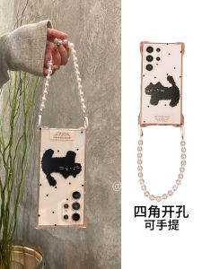 Samsung S25 Ultra S23FE Transparent Cute Protective Phone Case Pearl Wrist Strap Handheld Lanyard Full Cover Soft Shell for S24Plus