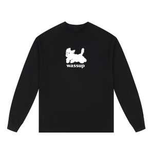 Wassup Rouch Cute Puppy Printed round Neck Long Sleeves T-shirt Men and Women Couple Autumn Cotton Easiest for Match Tops