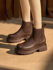 Josiny | Brown New Spring Summer Short Boots Chelsea Boots Chunky Heel Thick Sole