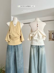 Ree Womens Short Sleeve T-Shirt V-Neck Cross-Shoulder Summer Fashion Spicy Girl Design Bead Work Neck Hanging Top