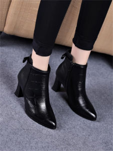 SHIPAILUO | Spring 2025 Womens Fashion High Heel Short Boots Martin Style Thick Heel Leather Shoes Pointed Toe Mom Friendly Ankle Booties