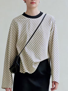 Fall 2025 Korean Style Striped round Neck Long Sleeve T-Shirt Women Loose Slimming Top Trendy Commute Fashion plus Size