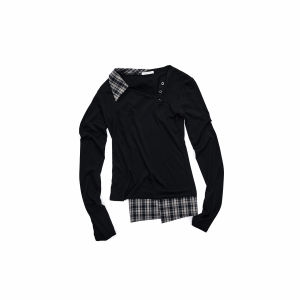 1JINN STUDIO | Henry Neck Asymmetric Plaid Patchwork Long Sleeve Shirt Slim Fit Knitwear