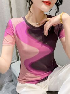 Summer New Style Womens Slim Fit Short Sleeve T-Shirt Color Block Print Mesh Top Fashionable Elastic Versatile Streetwear