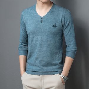 ROMON | Romon Mens Knitted Sweater Slim Fit V-Neck Long Sleeve Base Shirt Fashionable Business Casual Winter Polyester Nylon Acrylic