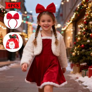 2026 Baby Girls Autumn/Winter Costumes Christmas New Year Plush Red Velvet Dress +White Fleece Coat Set Kids Girl Clothes