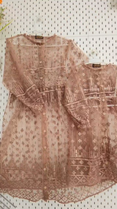 Set Tunik Brokat Couple Motif Oriental dengan Pakaian Anak - Baju Rompi Brokat Poliester Gaya Korea