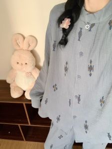 Spring Autumn Plaid Sweet Simple Womens Sleepwear Long Sleeve Loose Home Clothes Set Comfortable Soft Cotton Outwear Suitable for Teens