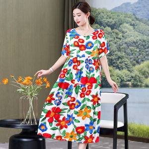 2025 New Womens Floral Cotton Silk Long Dress Summer Beach Style Mommy Dresses plus Size Artificial Cotton Short Sleeve