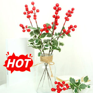 🔥Hot Sale🔥20Pcs Christmas Red Berry Articifial Flower Holly Leaves DIY Wreath Branch Christmas Tree Decor Ornament Gift Packaging Home Decoration