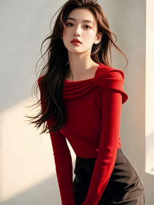 Áo Len Dệt Kim Màu Đỏ Dài Tay Một Bên Vai Thời Trang Xuân Hè 2025 Cho Nữ Chất Liệu Polyester Cổ Tròn Thường Ngày