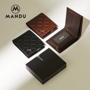 MANDU Mens Wallet Two Folding Retro Billfold RFID Multi Card Sit Moneybag