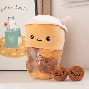 Cute Bag of Boba Tea Plushies Toy Stuffed Bubble Milk Tea Cup Plush Hugging Pillow Removable Soft Snack Shaped Creative Kid Gift