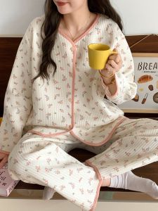 Womens Sleepwear Air Cotton Thickened Long Sleeve Home Clothes Winter Warm Home Suit Heart Pattern Printed Polyester Fiber