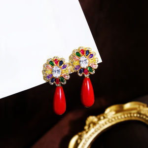 SEQUITO Luxury Women Engagement Jewelry Gold Plated Pave Setting AAAAA Colorful Cubic Zirconia Red Waterdrop Pendant Drop Earrings SE1082