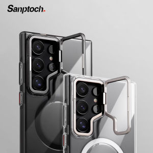 Sanptoch For Magsafe Clear Stand Phone Case For Samsung Galaxy S24 Ultra Plus Shockproof Hard Holder Cover For Samsung S24+ Crystal Transparent Protection Casing
