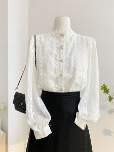 White Lace Trim Stand Collar Long Sleeve Womens Shirt Autumn Design Sensation Elegance Inner Wear Base Layer Chiffon Top