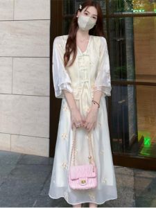 New Chinese Style Heavy Embroidery Fake Two-Piece Dress Summer plus Size High Waist A-Line Skirt Long Sleeve V-Neck Gown