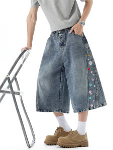 OULUDE | American Floral Embroidered Denim Three Quarter Pants