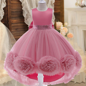 Elegant Trailing Flower Party Girls Dress Summer Wedding Bridesmaid Princess Prom Dress Girl Tull Bow Birthday Evening Ball Gown