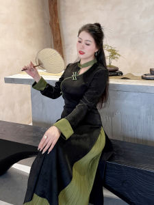 ชุดเดรสผู้หญิงไซส์ใหญ่สไตล์จีนใหม่ ชุดกระโปรงสั้นทรงเข้ารูปสองชิ้น ชุดทำงานสไตล์ย้อนยุค เอวสูง แขนพอง กระโปรงทรงเอ