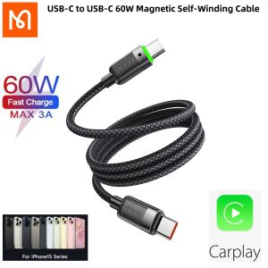 (Support CarPlay)Mcdodo Type-C to Type-C 3A 60W Magnetic Self-Winding PD Fast charging Cable Supports iPhone 15 Series MacBook Pro iPad Pro Samsung S23 S24 Huawei Honor Xiaomi