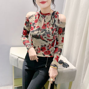 REHIN เสื้อยืดสตรีแฟชั่นใหม่เปิดไหล่ทรงพอดีตัวประดับพลอยเทียมแขนยาวแบบสวมหัว-เสื้อลำลองทันสมัย2024