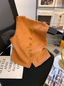 ฤดูร้อน Vintage ผ้าลินิน แขนกุด เสื้อกั๊ก ผู้หญิง แฟชั่นย้อนยุค สีกาแฟ เสื้อแจ็คเก็ต เสื้อไม่มีแขน Original ดีไซน์ ลำลอง สวมใส่