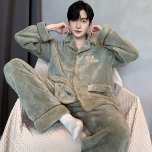 Mens Coral Fleece Pajamas Thickened Long Sleeve Long Pants Home Clothes Set Autumn Winter Style Fluffy Warm Sleepwear Set