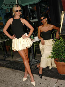 Nibber Halter Backless Dress Women Bandage Knot Ballet style Sleeveless Contrast Patchwork Trend Elastic Streetwear Mini Bodycon