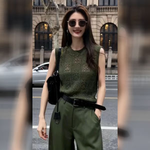 DANTING | Retro Hollow Out Green Knitwear Set