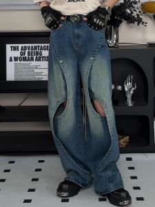 American High Street Original Design Patchwork Retro Heavy Industry Washed Worn Jeans Men and Women Loose Straight Trousers