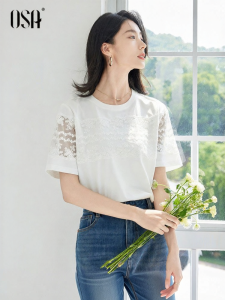 OSA | New Arrival Lace Splicing Short Sleeve T-Shirt Unique Collar Design for Office Casual Wear
